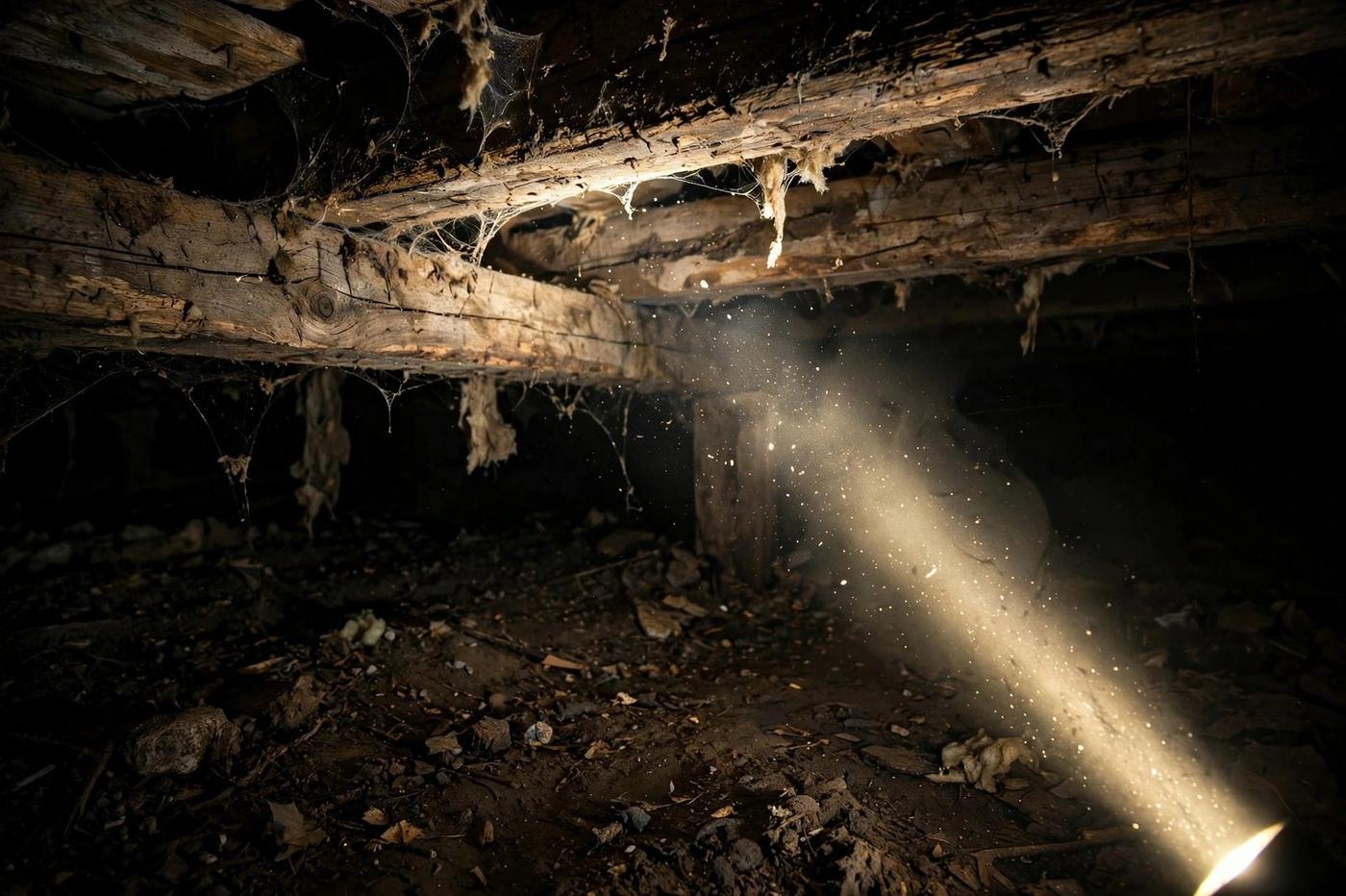 Flashlight beam on wooden beams during a termite inspection